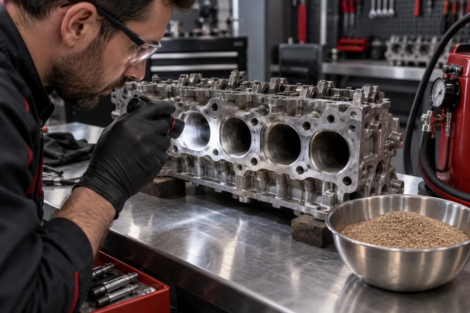 Detalle ilustrativo de un motor y material de limpieza de admisión